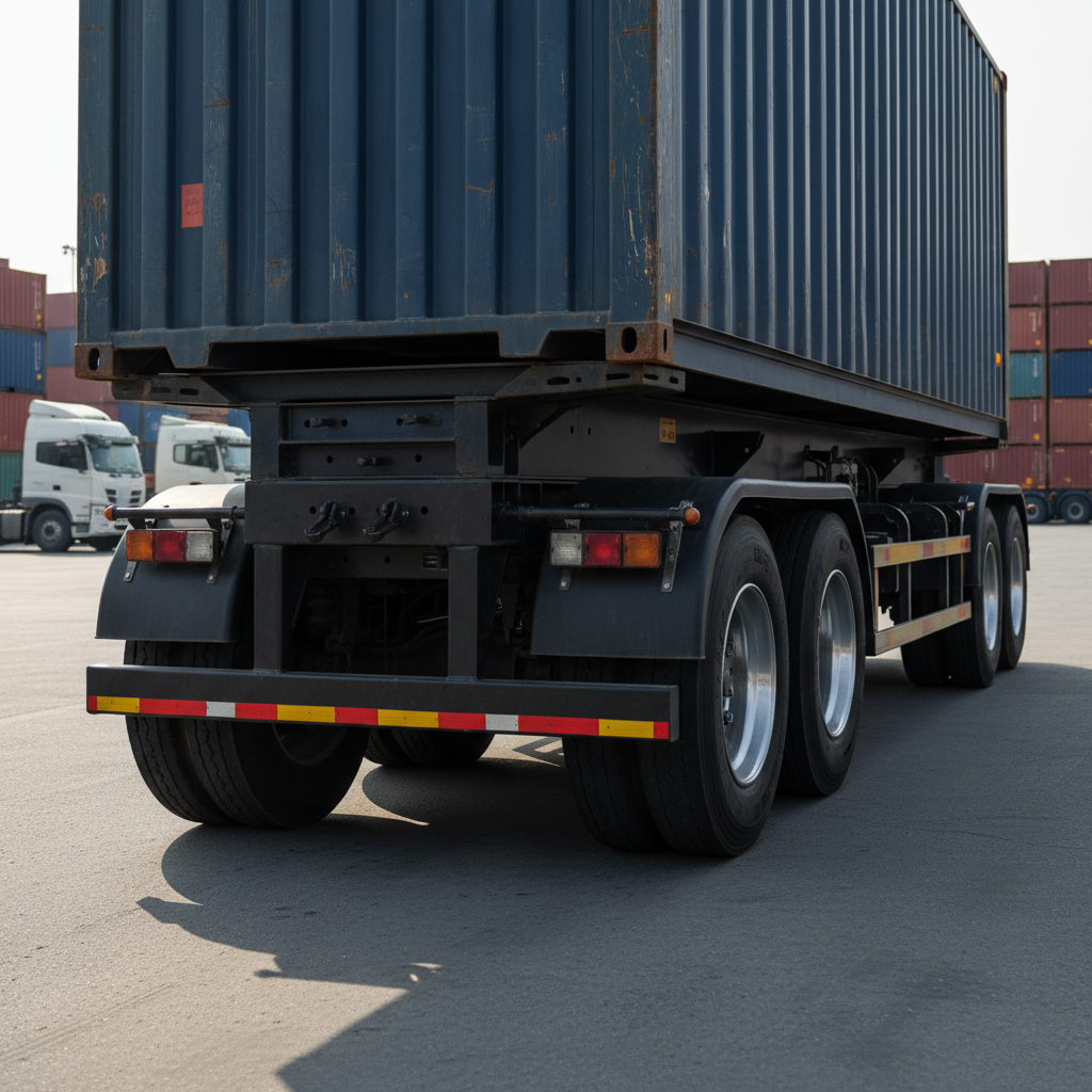 A close-up photographic view of the side of a heavy-duty container truck, focusing on the robust chassis, multiple large wheels, and securely fastened container locks. The container’s corrugated metal surface shows subtle wear and authentic texture, while reflective safety markings run along the trailer’s edge. The truck is parked on a clean, paved surface within a logistics terminal, with other blurred freight vehicles and stacked containers in the distant background. Late morning sunlight creates crisp reflections on metal surfaces and clear, defined shadows beneath the truck, emphasizing engineering strength, safety, and professionalism. The composition features shallow depth of field and a slightly low angle for a powerful, technical feel.
