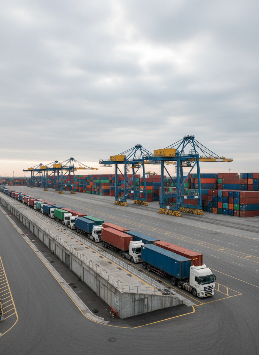 A busy logistics hub filled with heavy-duty container trucks positioned around large loading bays, their trailers backed up precisely to elevated docks. Sturdy steel gantry cranes and stacked multicolored containers create a structured, industrial backdrop. Overhead, soft overcast daylight provides even, diffused illumination, reducing harsh shadows and highlighting the clean organization of the yard. Captured from a slightly elevated, three-quarter angle for photographic realism, the composition shows depth through receding rows of vehicles and containers. The mood is efficient and professional, visually communicating organized freight movement and strong union-coordinated operations without any visible human figures or text signage.