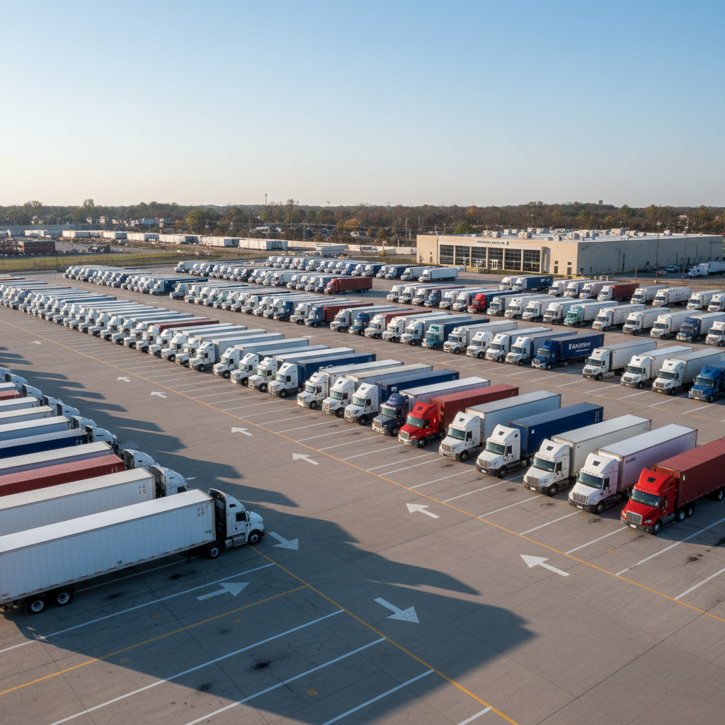 A well-organized truck park dedicated to union members, featuring rows of stationary container and freight trucks arranged in precise, parallel lines on a expansive concrete lot. Freshly painted parking lines and directional arrows reinforce order and structure. In the background, a modest single-story administrative building with neutral colors and large windows suggests union coordination offices. Late afternoon sunlight creates gentle, elongated shadows from the trucks, adding depth and rhythm across the yard. Photographic realism from a high, slightly aerial viewpoint captures the full layout, communicating collective strength, disciplined operations, and a sense of community among professional road transport stakeholders, without any humans present.