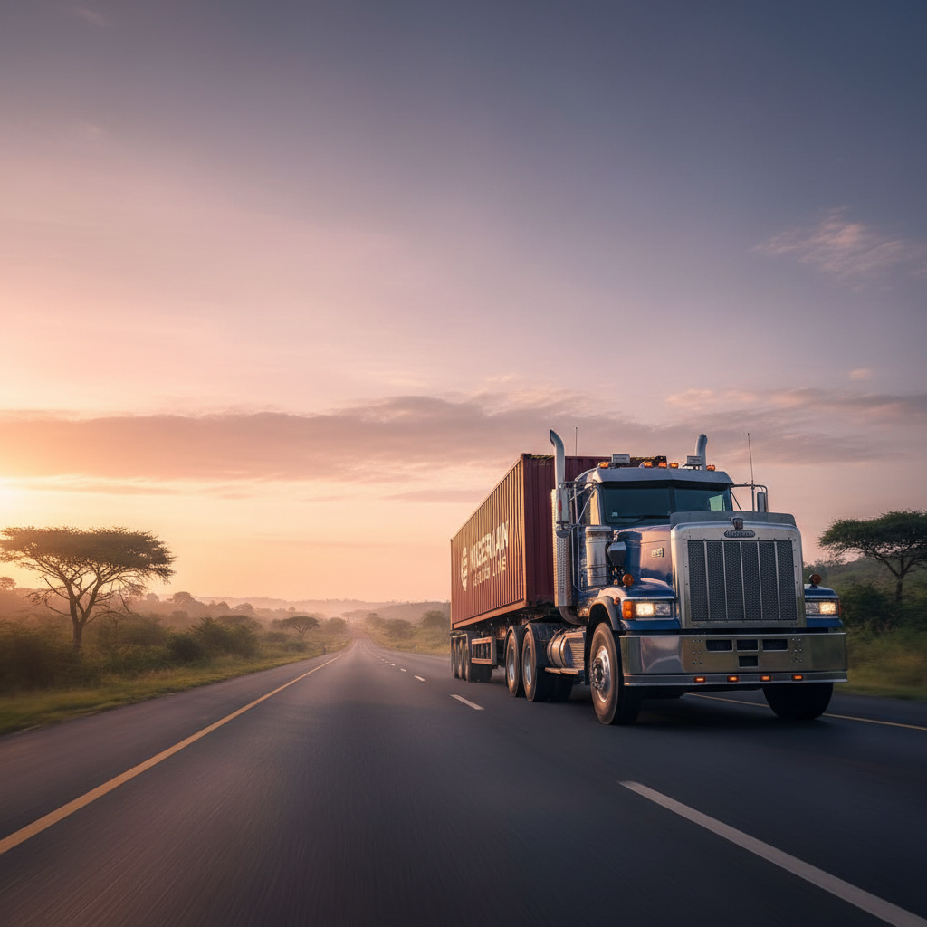 A dramatic low-angle photographic view of a heavy-duty freight truck hauling a fully loaded container along a well-paved Nigerian highway at sunrise. The truck’s cab is clean and powerful, with reflective chrome details and robust tires gripping the asphalt. The road curves gently through rolling terrain with scattered trees, while subtle motion blur in the foreground road surface implies steady movement. Warm early-morning light bathes the scene, creating long, soft shadows and a sense of promise for the day’s logistics operations. The composition uses rule of thirds, with the truck dominating the right side and an expansive sky on the left, evoking reliability and strength.