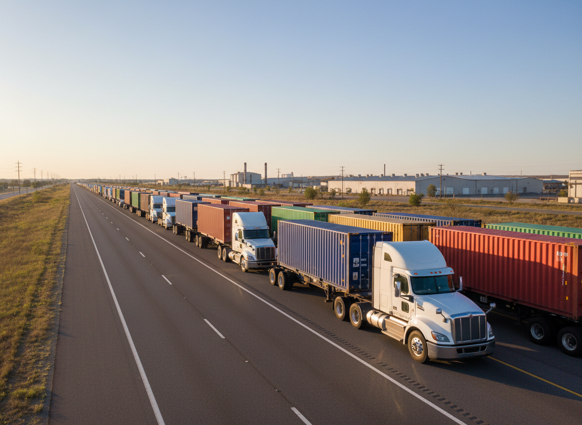 A long line of modern container and freight trucks with brightly colored shipping containers, neatly parked along a wide, well-maintained highway shoulder, representing a powerful national union fleet. The asphalt road stretches toward the horizon with clear lane markings, bordered by sparse roadside vegetation and distant industrial buildings. Late afternoon golden sunlight casts warm highlights along the trucks’ polished metal surfaces and deep, orderly shadows beneath. Photographic realism at eye level, with a slightly wide-angle composition that emphasizes scale and unity. The sky is clear and expansive, giving a professional, optimistic atmosphere suitable for a national transport and logistics organization homepage banner.