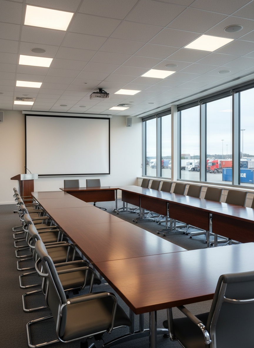An interior view of a modern transport union meeting hall, with long, polished wooden conference tables arranged in a U-shape and high-backed ergonomic chairs neatly aligned. At the front, a large blank projection screen stands beside a simple lectern, suggesting strategic planning sessions and safety briefings. Large windows along one side reveal a distant glimpse of parked freight trucks and trailers outside. Soft, evenly distributed ceiling lighting combines with gentle daylight to create a clear, professional ambiance. Shot at eye level with sharp focus throughout, the photographic composition emphasizes order, governance, and collective decision-making while remaining calm and businesslike, without showing any people.
